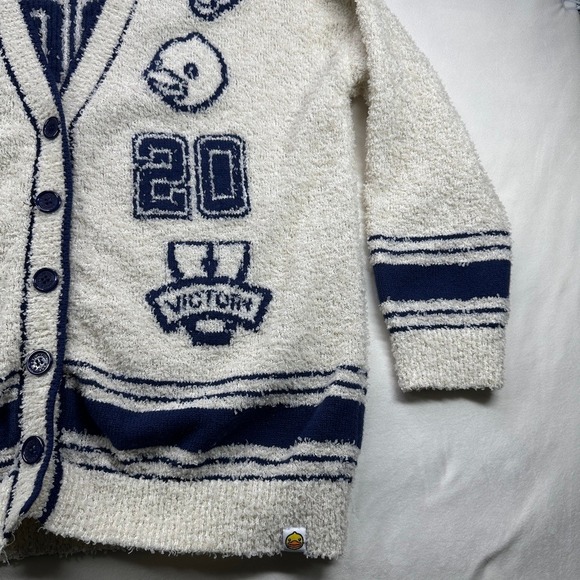 B Duck Teens Fuzzy Cardigan Sweater Cream Blue Varsity Y2K Graphic Size Medium - Picture 7 of 16